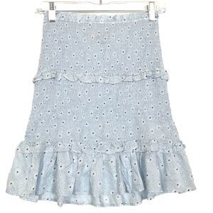 Urban Outfitters Smocked Ruched Skirt Size SP Ruffled Hem Blue Floral
